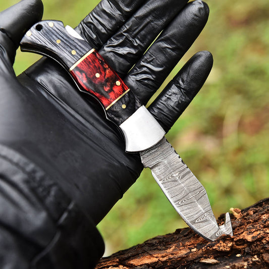 Handmade Damascus Steel Folding Blade Pocket Camping Knife With Sheath