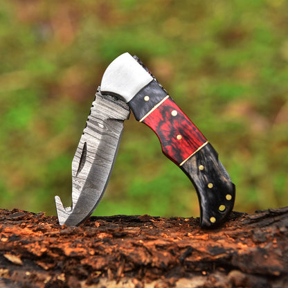 Handmade Damascus Steel Folding Blade Pocket Camping Knife With Sheath