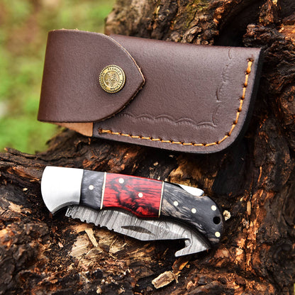 Handmade Damascus Steel Folding Blade Pocket Camping Knife With Sheath