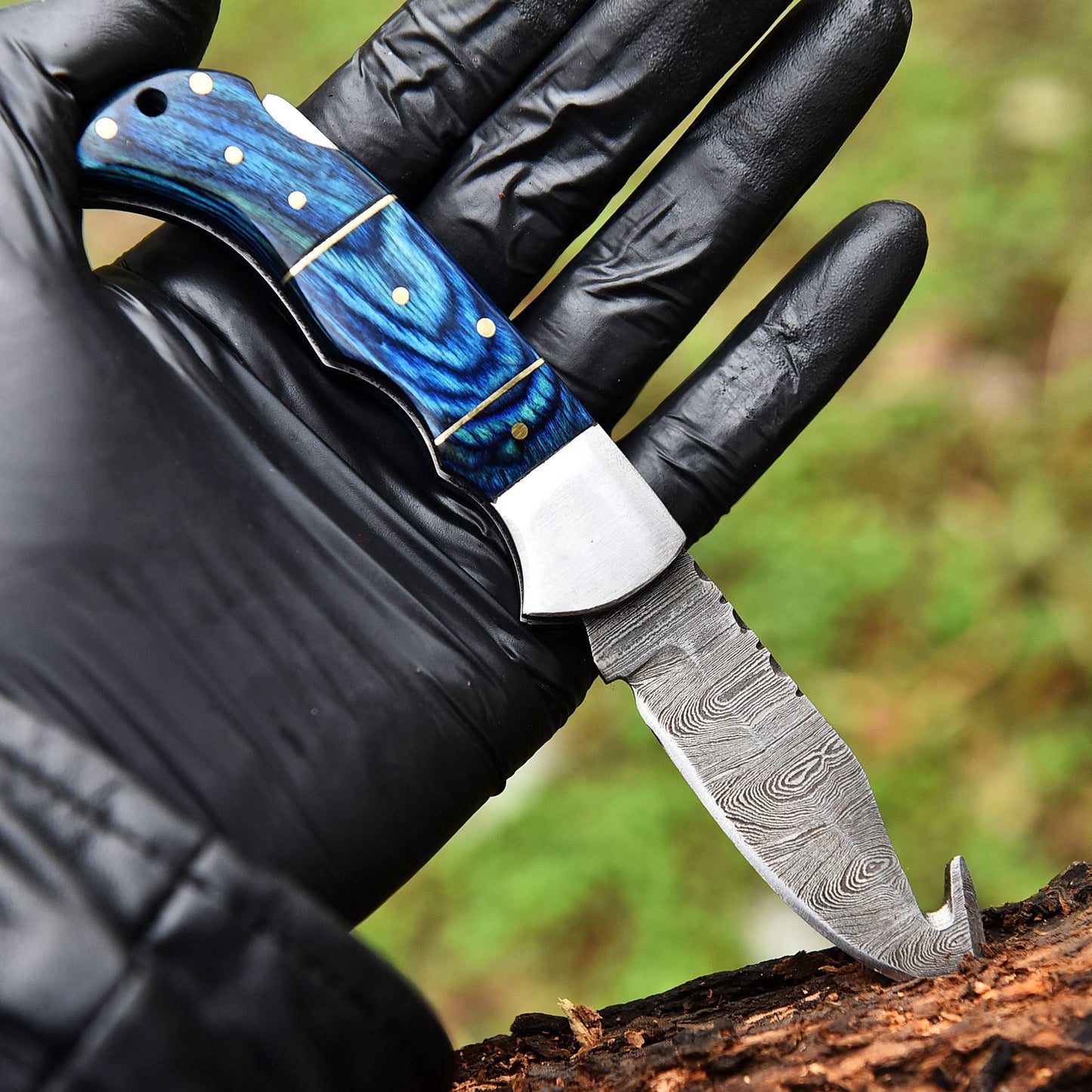 Handmade Damascus Back Lock Folding Blade Pocket Knife Wood Handle