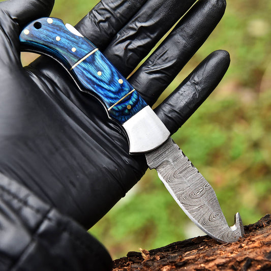 Handmade Damascus Steel Gut Hook Blade Back Lock Folding Knife Wood Handle