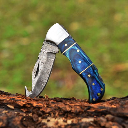 Handmade Damascus Steel Gut Hook Blade Back Lock Folding Knife Wood Handle