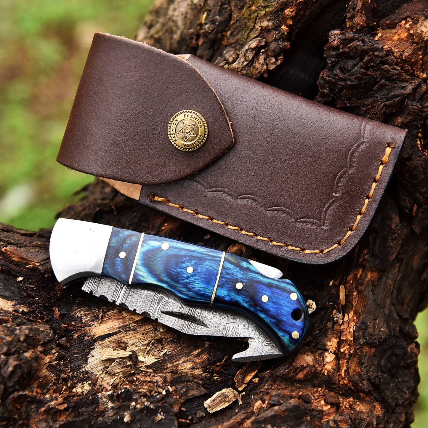 Handmade Damascus Back Lock Folding Blade Pocket Knife Wood Handle