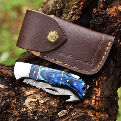 Handmade Damascus Back Lock Folding Blade Pocket Knife Wood Handle