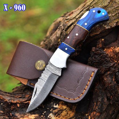 Elite Handmade Damascus Steel Blade Pocket Knife Camping Knife Wood Handle