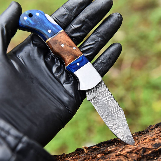 Elite Handmade Damascus Steel Blade Pocket Knife Camping Knife Wood Handle