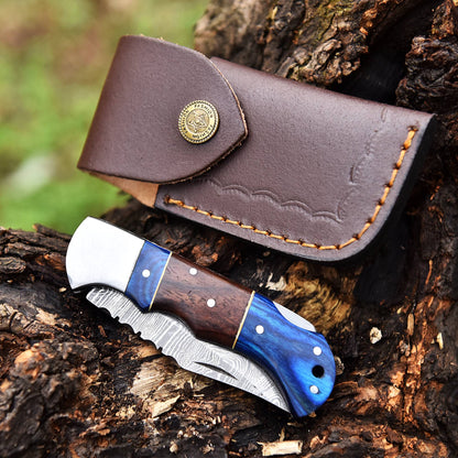Elite Handmade Damascus Steel Blade Pocket Knife Camping Knife Wood Handle