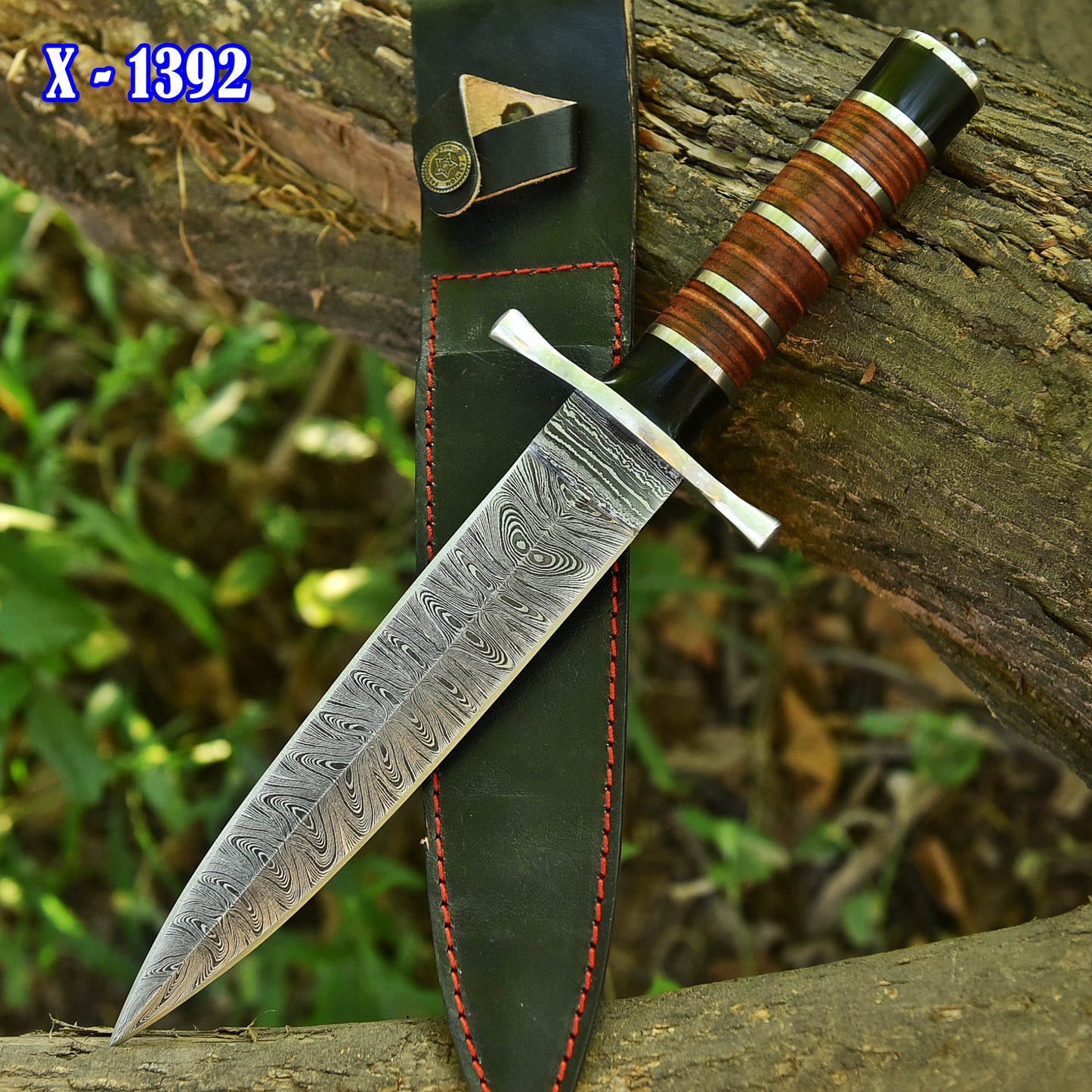Handmade Damascus Steel Double Edge Blade Dagger Knife Steel Resin Leather Handle