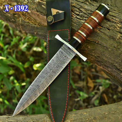 Handmade Damascus Steel Double Edge Blade Dagger Knife Steel Resin Leather Handle