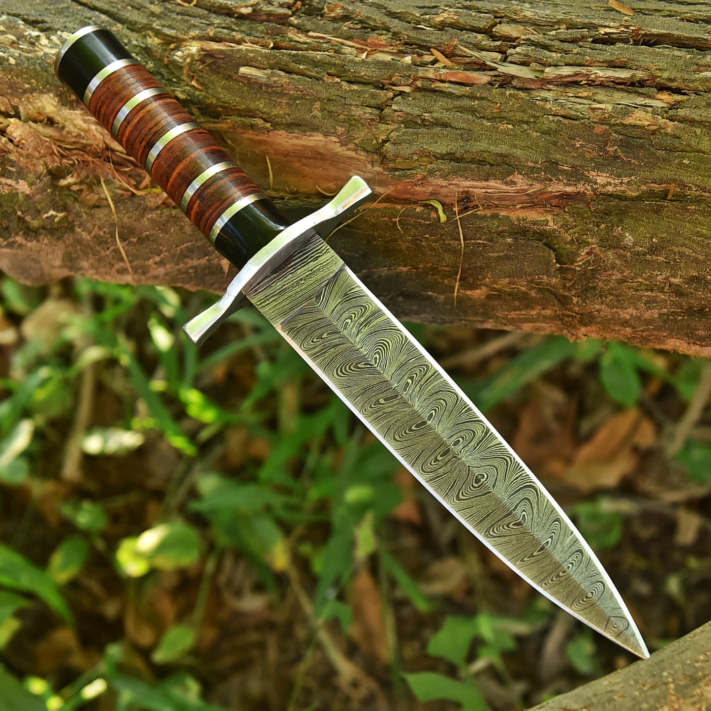 Handmade Damascus Steel Double Edge Blade Dagger Knife Steel Resin Leather Handle