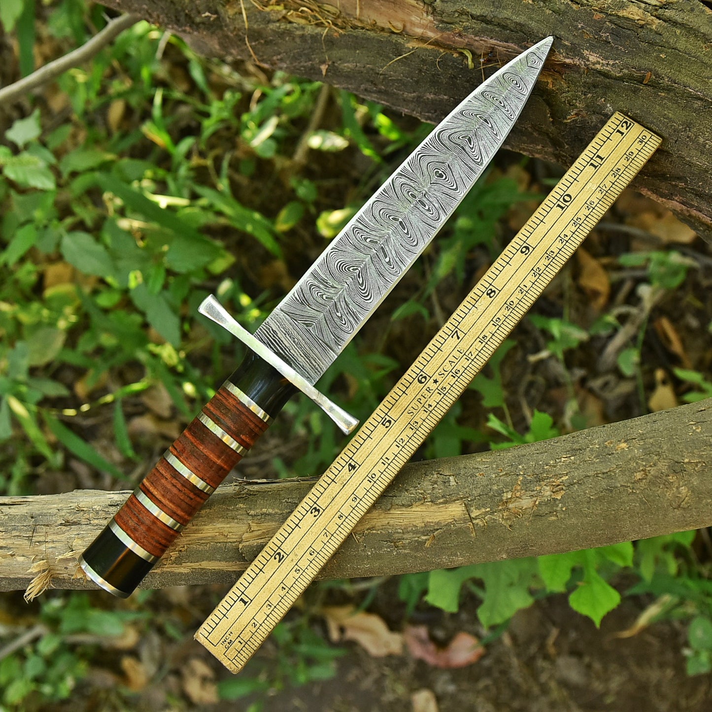 Handmade Damascus Steel Double Edge Blade Dagger Knife Steel Resin Leather Handle