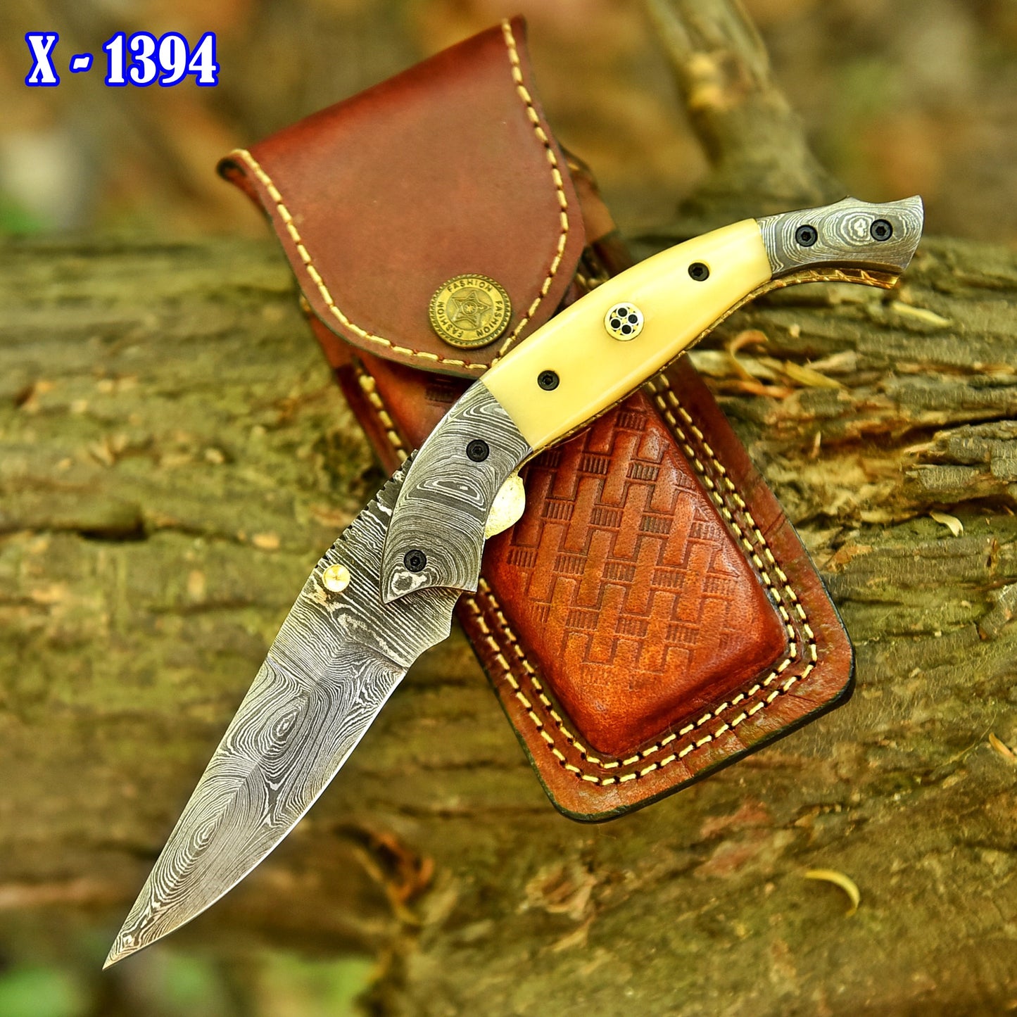 Handmade Damascus Pocket Knife Camping Folding Blade With Camel Bone Handle