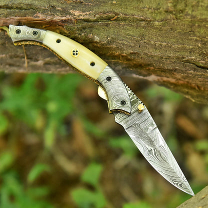 Handmade Damascus Pocket Knife Camping Folding Blade With Camel Bone Handle