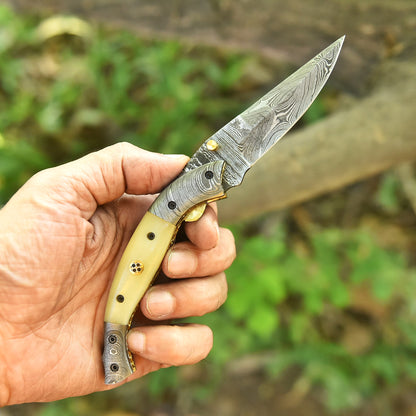 Handmade Damascus Pocket Knife Camping Folding Blade With Camel Bone Handle