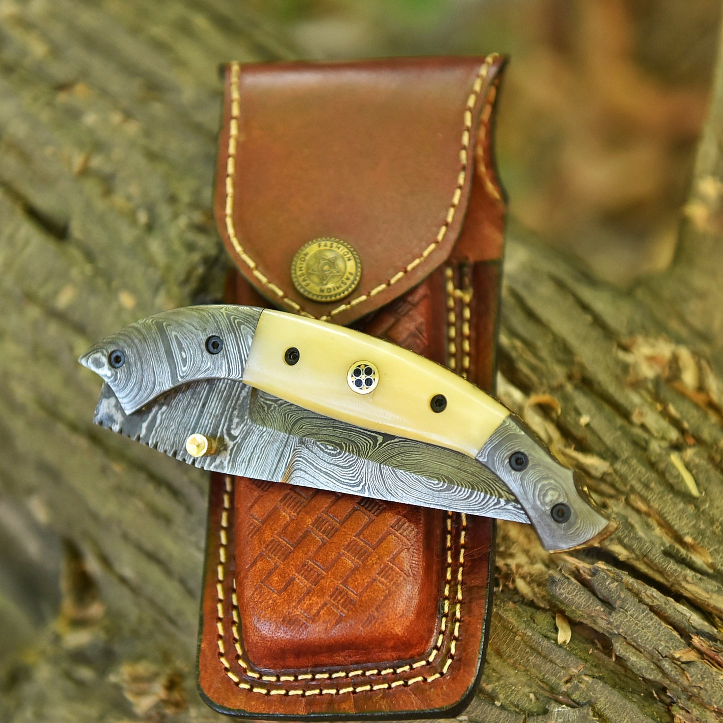 Handmade Damascus Pocket Knife Camping Folding Blade With Camel Bone Handle