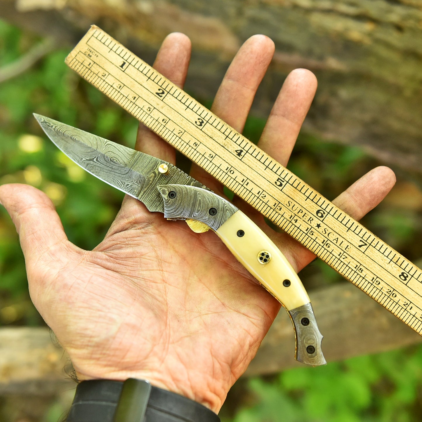 Handmade Damascus Pocket Knife Camping Folding Blade With Camel Bone Handle