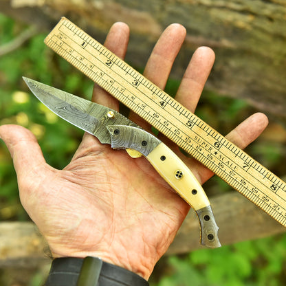 Handmade Damascus Pocket Knife Camping Folding Blade With Camel Bone Handle