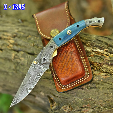 Handmade Damascus Steel Hunting Pocket Knife Camping Folding Blade With Camel Bone Handle
