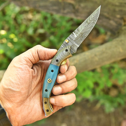 Handmade Damascus Steel Hunting Pocket Knife Camping Folding Blade With Camel Bone Handle