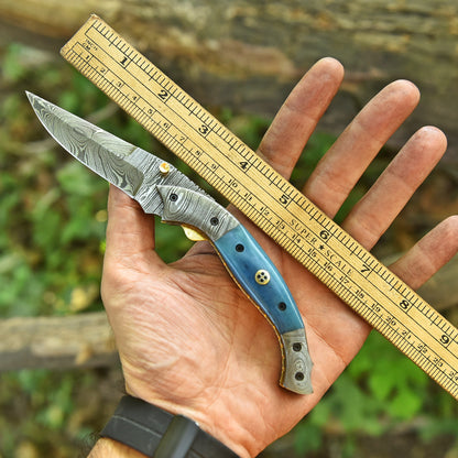 Handmade Damascus Steel Hunting Pocket Knife Camping Folding Blade With Camel Bone Handle