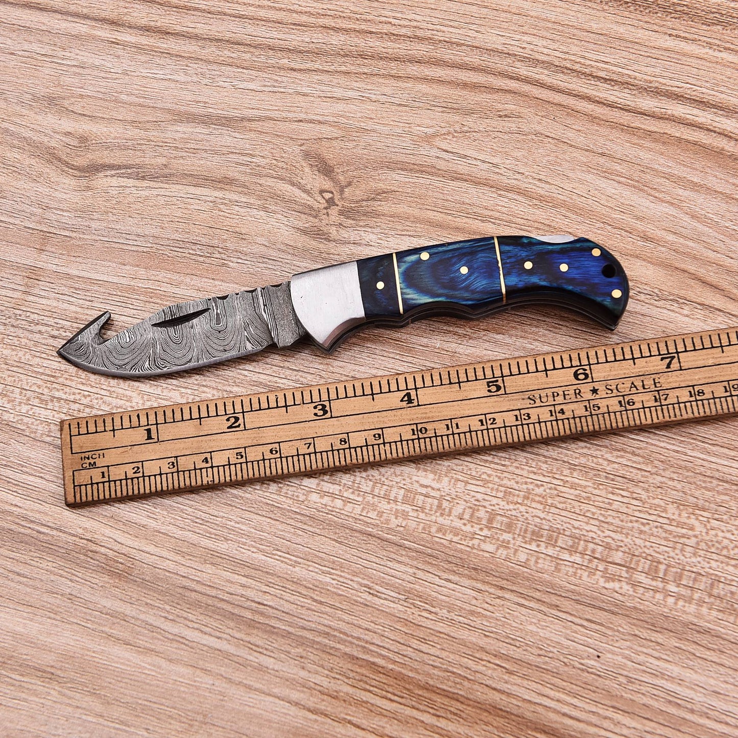 Handmade Damascus Steel Gut Hook Blade Back Lock Folding Knife Wood Handle