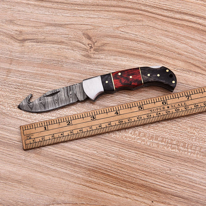 Handmade Damascus Steel Folding Blade Pocket Camping Knife With Sheath