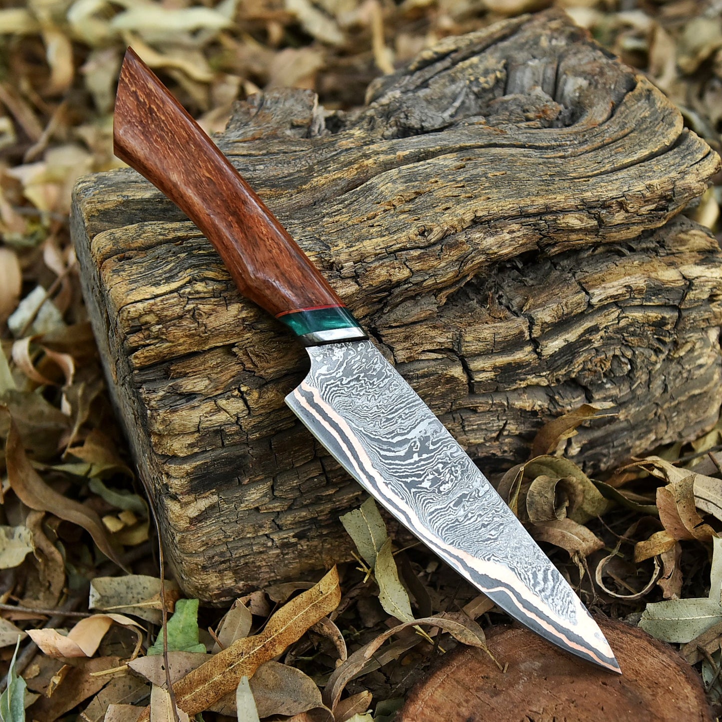 Professional Handmade Copper Damascus Steel Chef Knife Wood Handle
