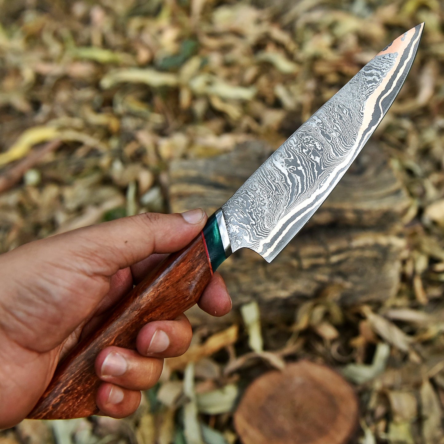 Professional Handmade Copper Damascus Steel Chef Knife Wood Handle