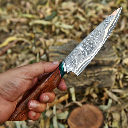 Professional Handmade Copper Damascus Steel Chef Knife Wood Handle