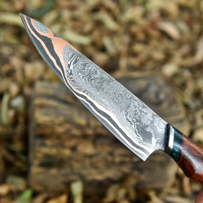 Professional Handmade Copper Damascus Steel Chef Knife Wood Handle