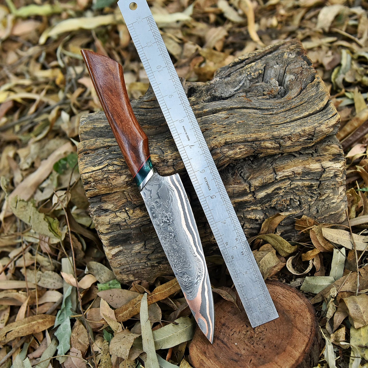 Professional Handmade Copper Damascus Steel Chef Knife Wood Handle
