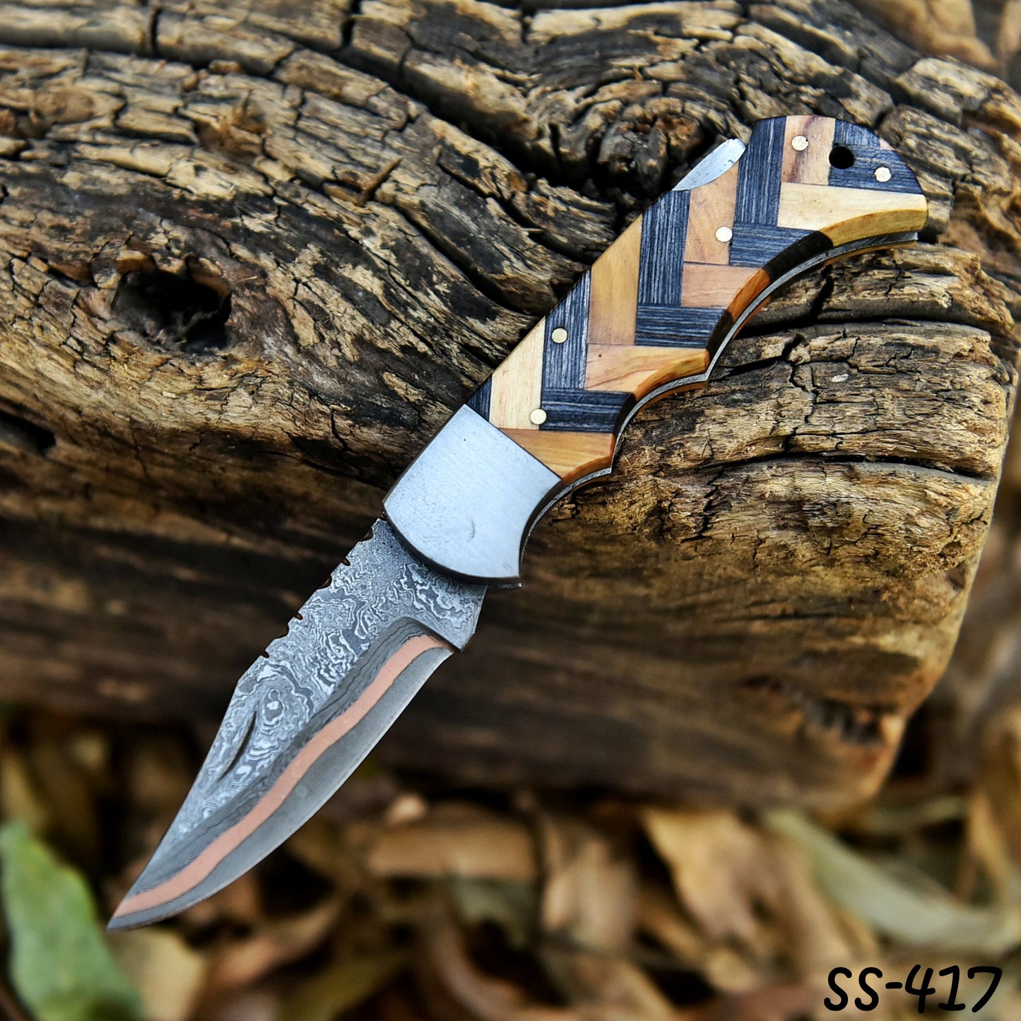 Handmade Copper Damascus EDC Folding Knife Hunting Hiking Camping Gift