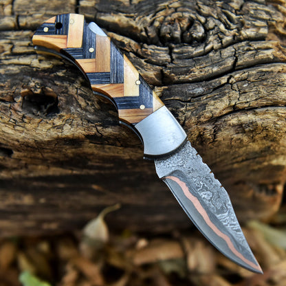 Handmade Copper Damascus EDC Folding Knife Hunting Hiking Camping Gift