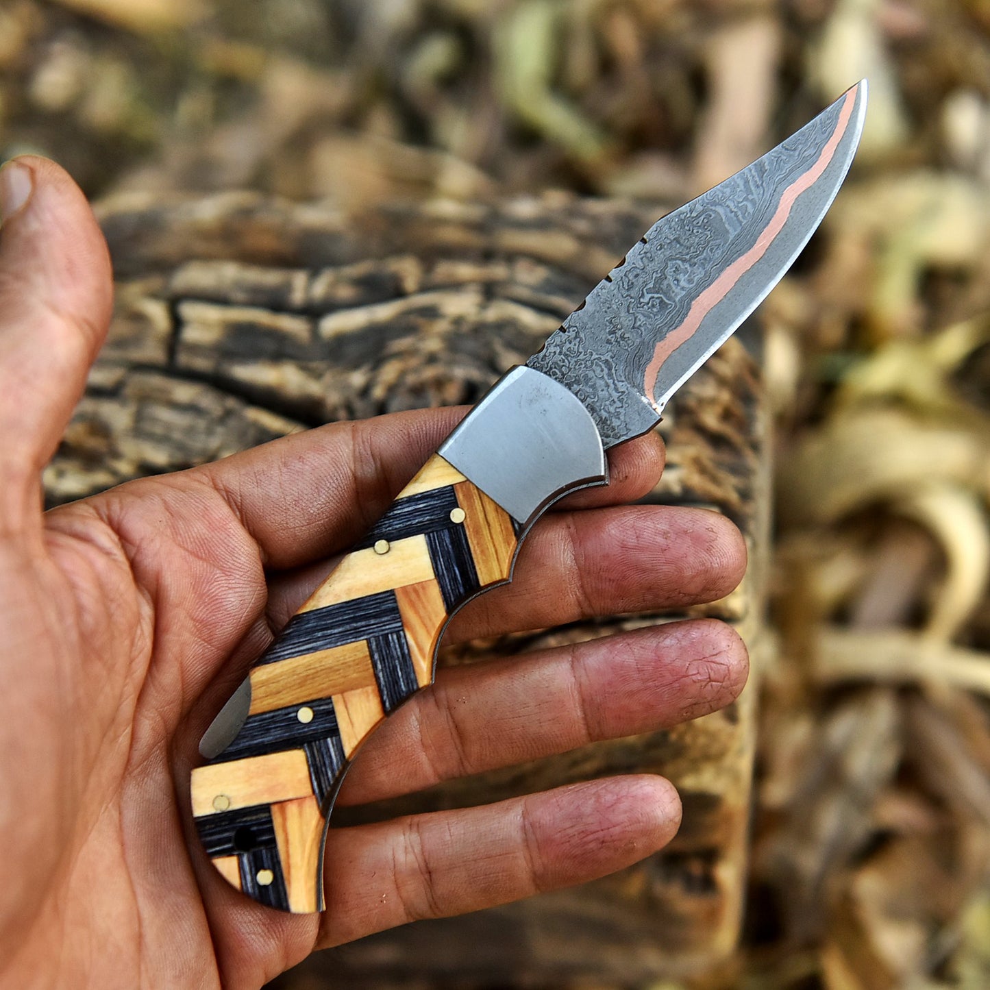 Handmade Copper Damascus EDC Folding Knife Hunting Hiking Camping Gift