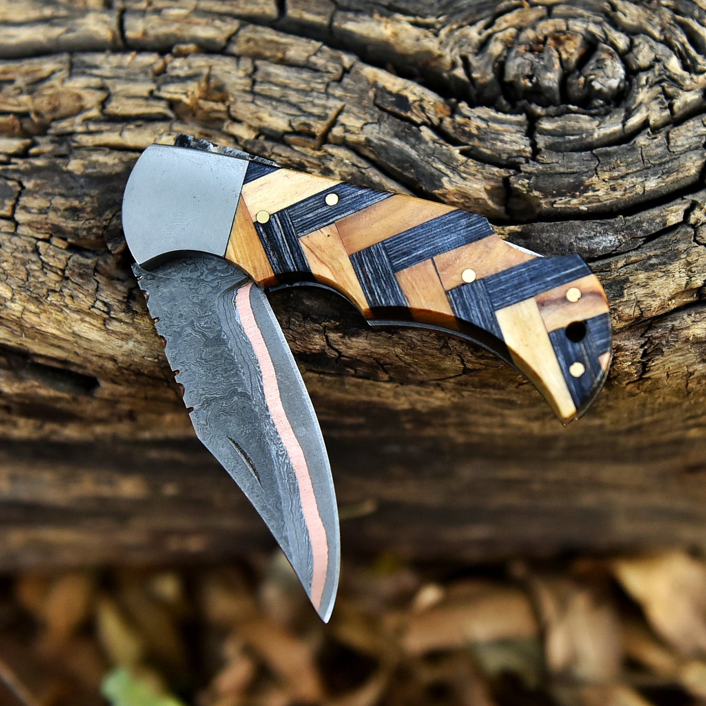 Handmade Copper Damascus EDC Folding Knife Hunting Hiking Camping Gift