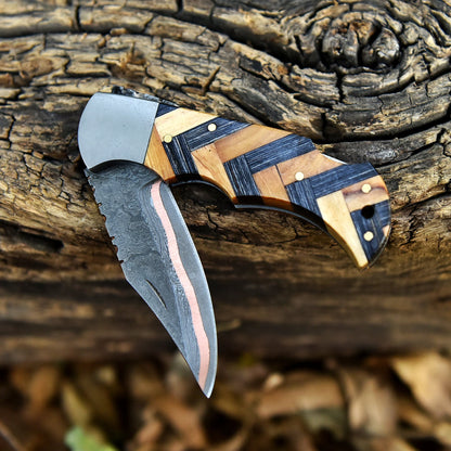 Handmade Copper Damascus EDC Folding Knife Hunting Hiking Camping Gift