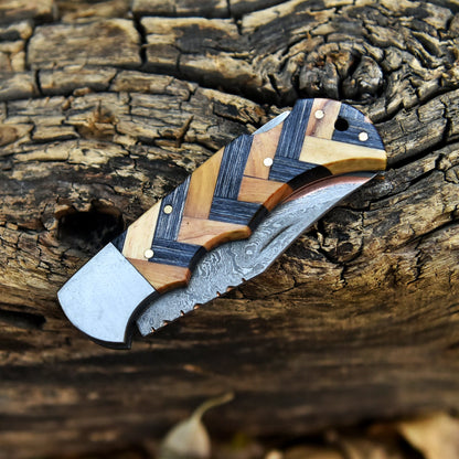 Handmade Copper Damascus EDC Folding Knife Hunting Hiking Camping Gift