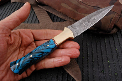 Custom Handmade Damascus Steel Double Edge Blade Dagger Resin Brass Handle