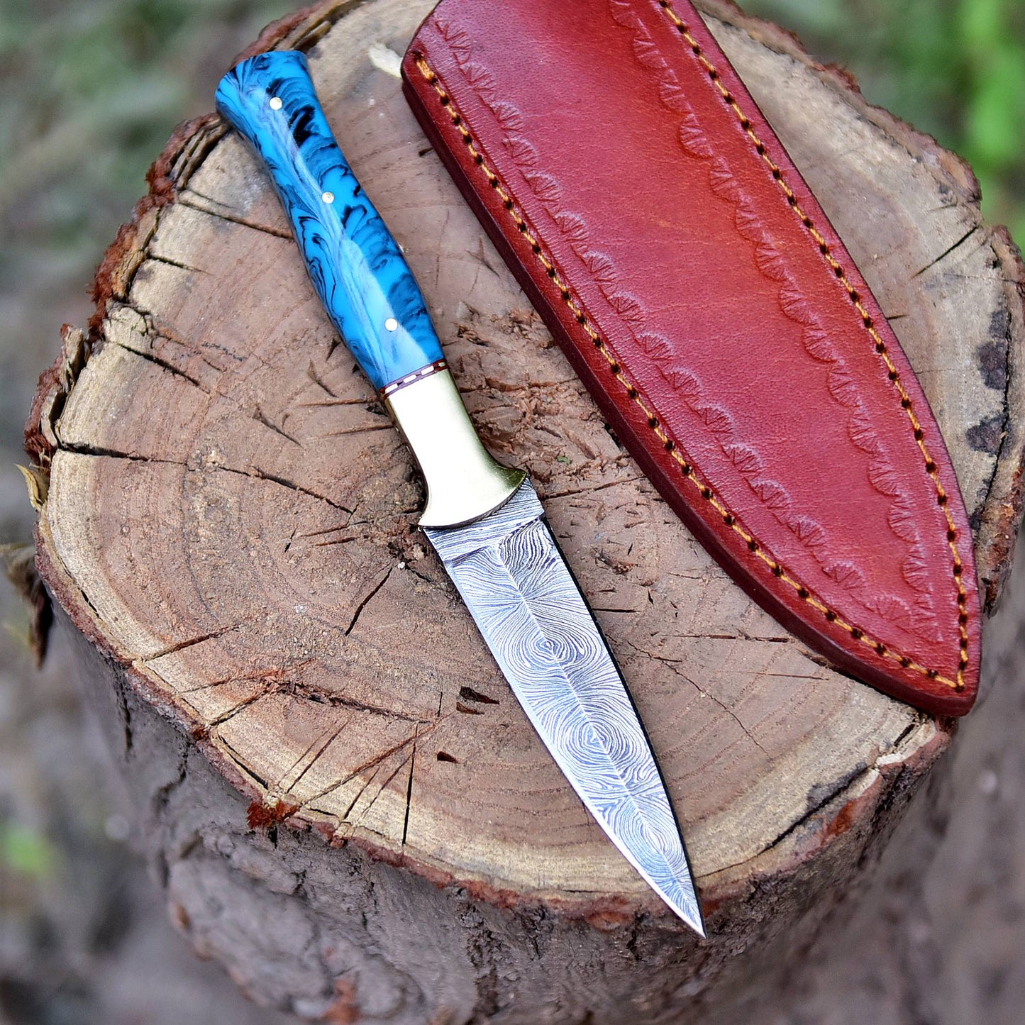 Custom Handmade Damascus Steel Double Edge Blade Dagger Resin Brass Handle