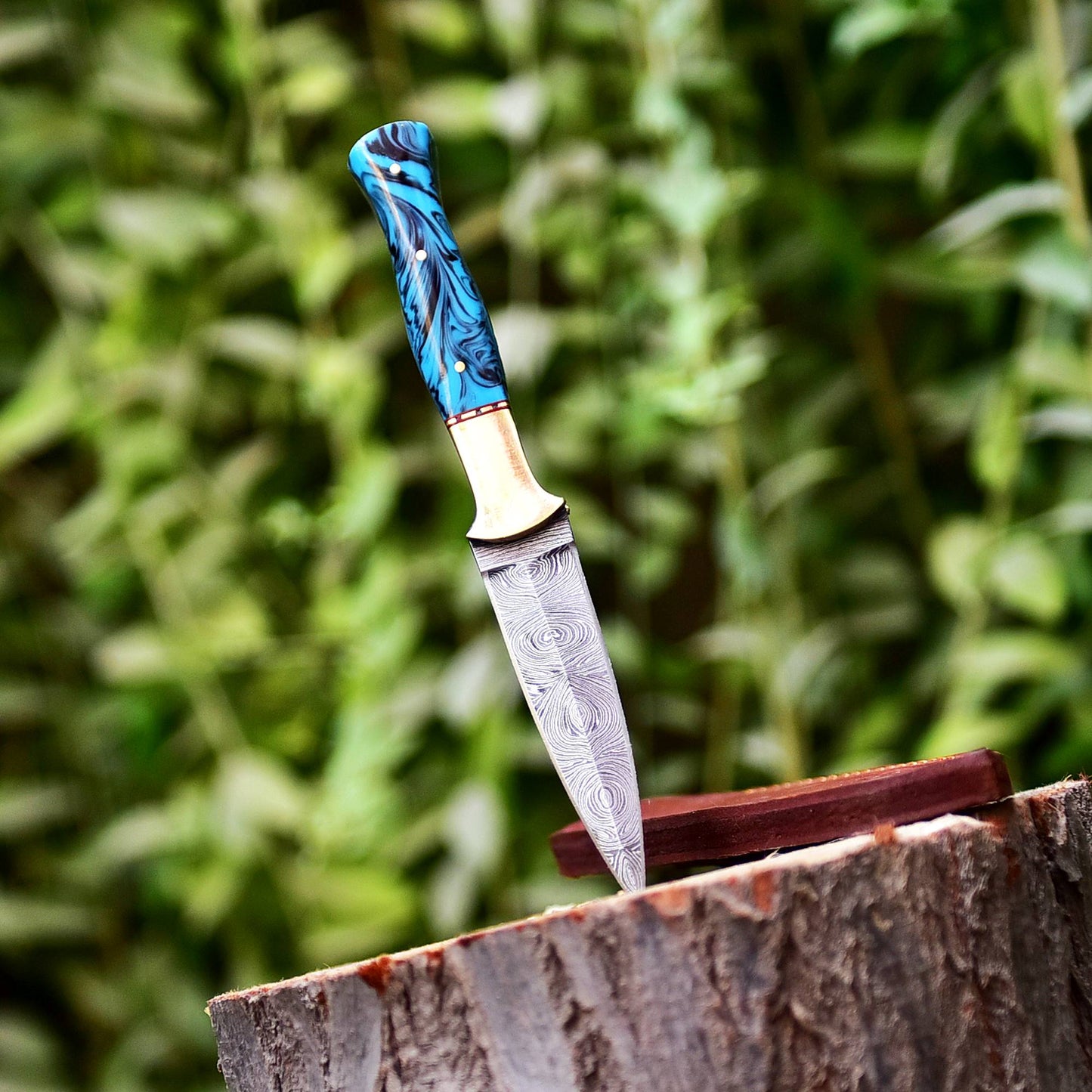 Custom Handmade Damascus Steel Double Edge Blade Dagger Resin Brass Handle