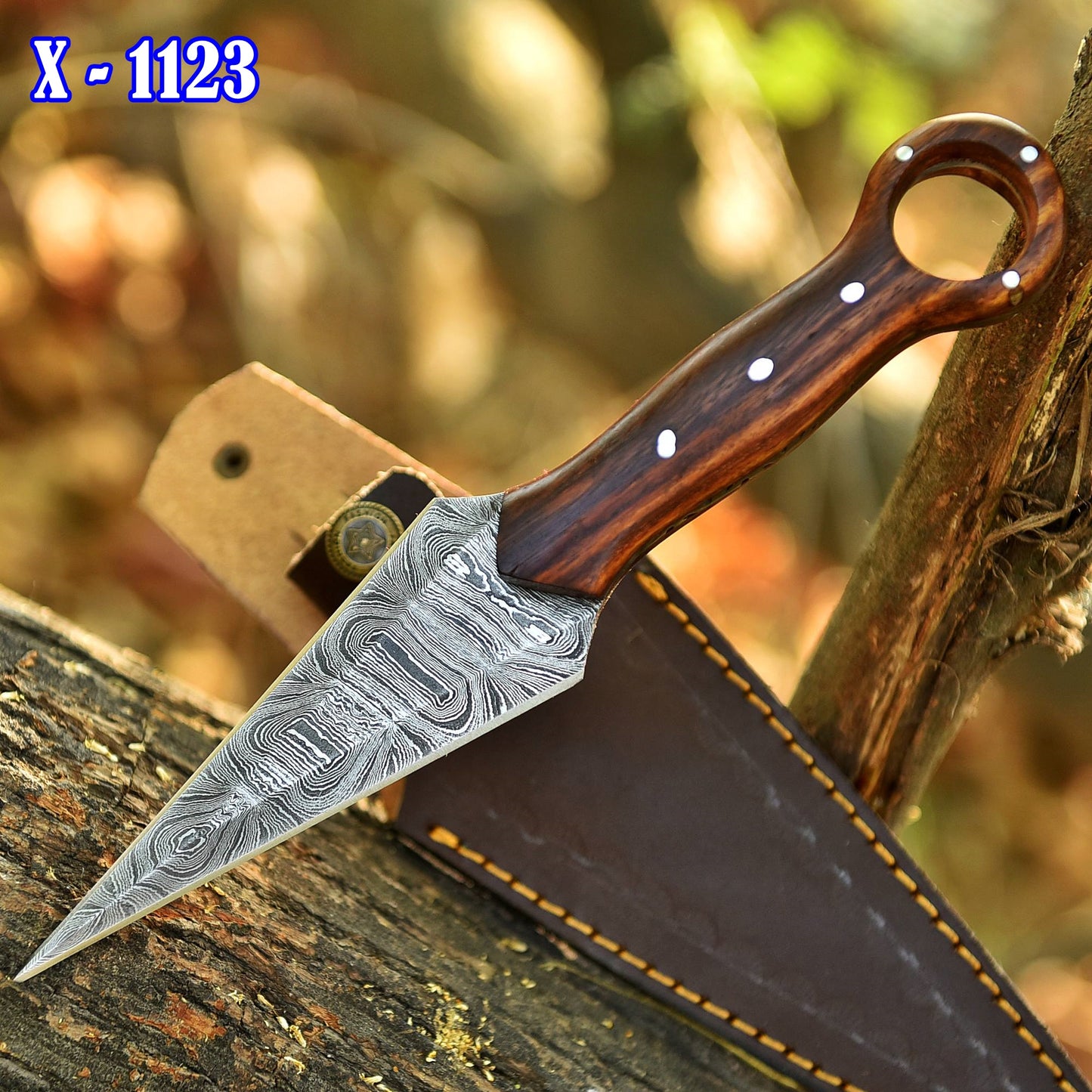 Handmade Damascus Steel Double Full Tang Dagger Knife Wood Ring Hole Handle