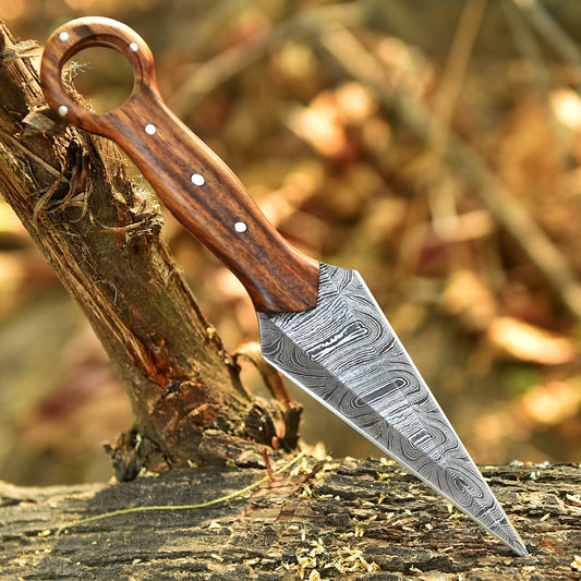 Handmade Damascus Steel Double Full Tang Dagger Knife Wood Ring Hole Handle