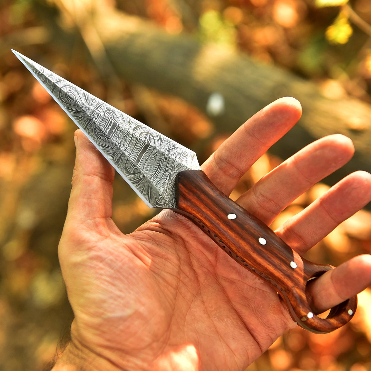 Handmade Damascus Steel Double Full Tang Dagger Knife Wood Ring Hole Handle
