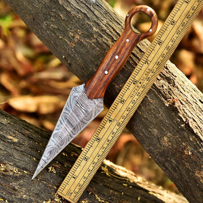 Handmade Damascus Steel Double Full Tang Dagger Knife Wood Ring Hole Handle