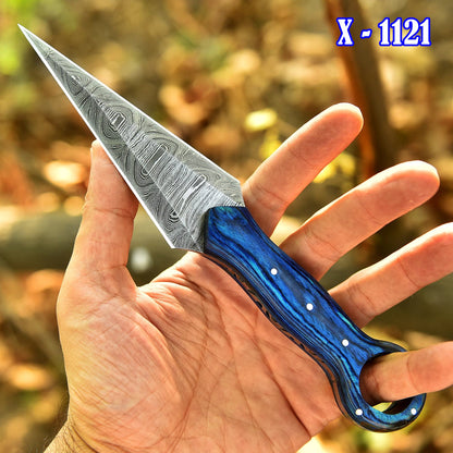 Elite Handmade Damascus Steel Hunting Dagger Knife Wood Ring Hole Handle