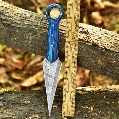Elite Handmade Damascus Steel Hunting Dagger Knife Wood Ring Hole Handle