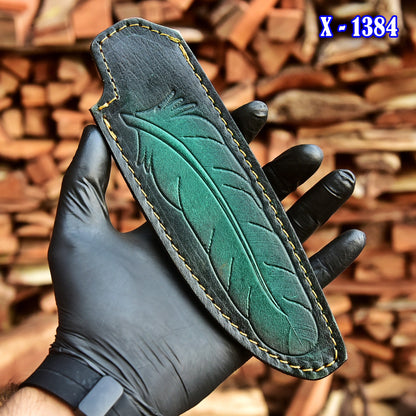Luxury Handcrafted Leather Fixed Blade Knife Leaf Engraved Sheath