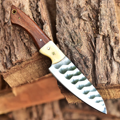 8” Hand Forged Carbon Steel Full Tang Skinner Knife Wood Camel Bone Handle