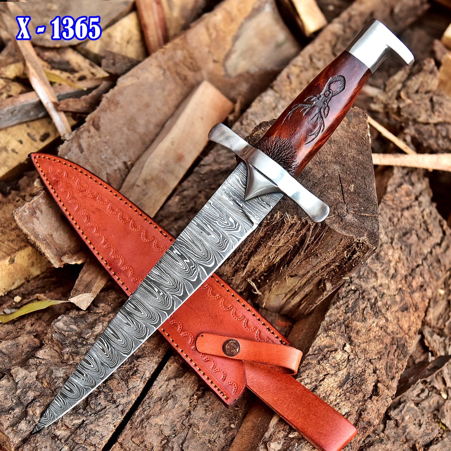 Custom Handmade Damascus Steel Dagger Knife Wood Deer Engraved Handle