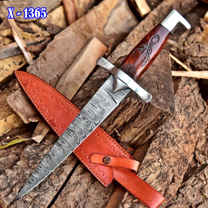 Custom Handmade Damascus Steel Dagger Knife Wood Deer Engraved Handle